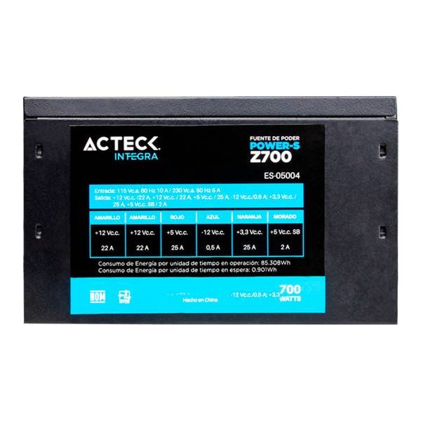 Fuente de Poder Acteck ES-05004, 20+4 pin ATX, 120mm, 700W, Negro