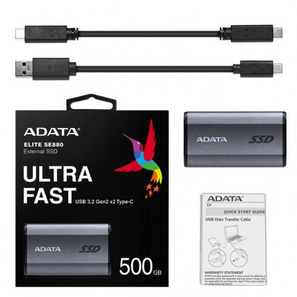 SSD Externo Adata SE880, 500GB, USB-C 3.2, Gris | Almacenamiento