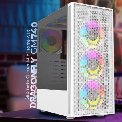 Gabinete Gamer Media Torre Dragonfly II Mesh GM740, ATX,1xUSB 3.0, 4 Ventiladores ARGB, Blanco