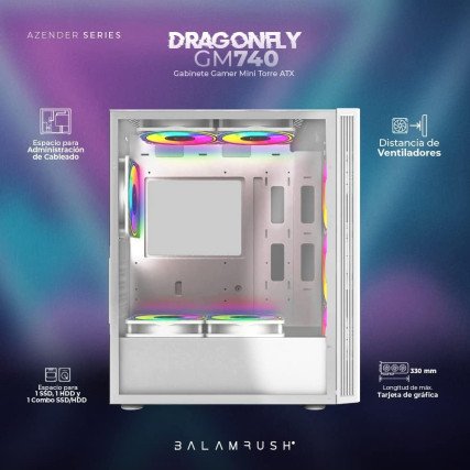 Gabinete Gamer Media Torre Dragonfly II Mesh GM740, ATX,1xUSB 3.0, 4 Ventiladores ARGB, Blanco
