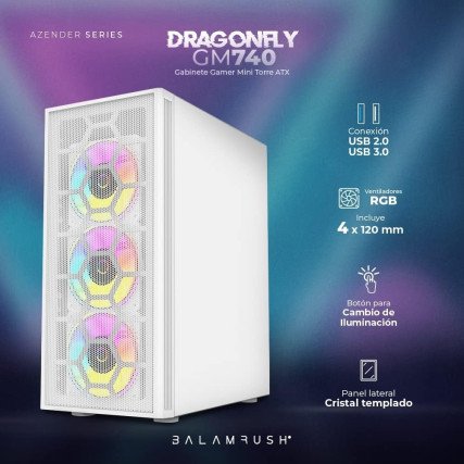 Gabinete Gamer Media Torre Dragonfly II Mesh GM740, ATX,1xUSB 3.0, 4 Ventiladores ARGB, Blanco