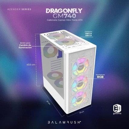 Gabinete Gamer Media Torre Dragonfly II Mesh GM740, ATX,1xUSB 3.0, 4 Ventiladores ARGB, Blanco