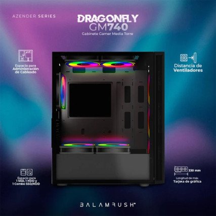 Gabinete Balam Rush DragonFly II Mesh GM740,, ATX, USB 3.0, sin Fuente, 4 Ventiladores RGB, Negro