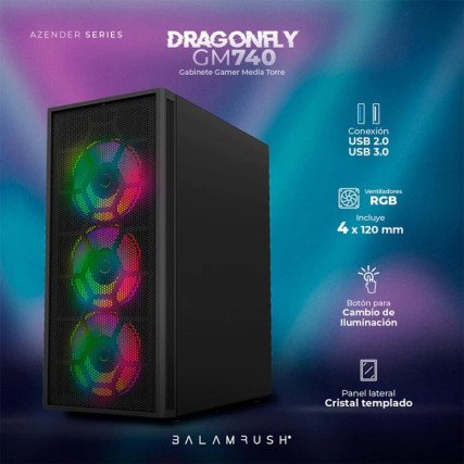 Gabinete Balam Rush DragonFly II Mesh GM740,, ATX, USB 3.0, sin Fuente, 4 Ventiladores RGB, Negro