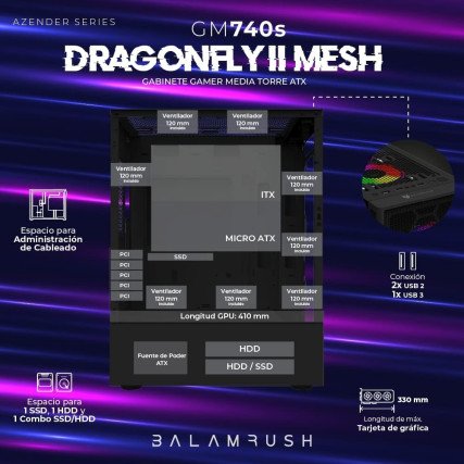 Gabinete Balam Rush DragonFly II Mesh GM740,, ATX, USB 3.0, sin Fuente, 4 Ventiladores RGB, Negro