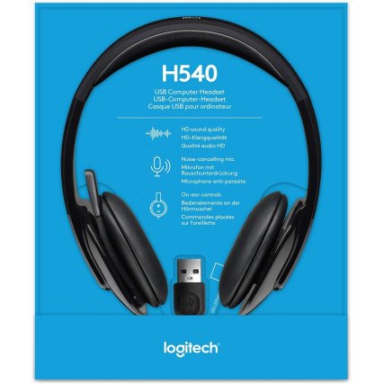Logitech H540 Diadema con Cable, Sonido Estéreo con Micrófono con Supresión de Ruido, USB, Controles Integrados en el Auricular