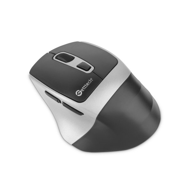 Mouse Getttech Inalambrico Silencioso Ergonomico Negro y Plateado 6 Botones 1600 DPI 2.4G