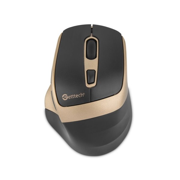 Mouse Getttech Inalambrico Silencioso Ergonomico Negro y Dorado 6 Botones 1600 DPI 2.4G