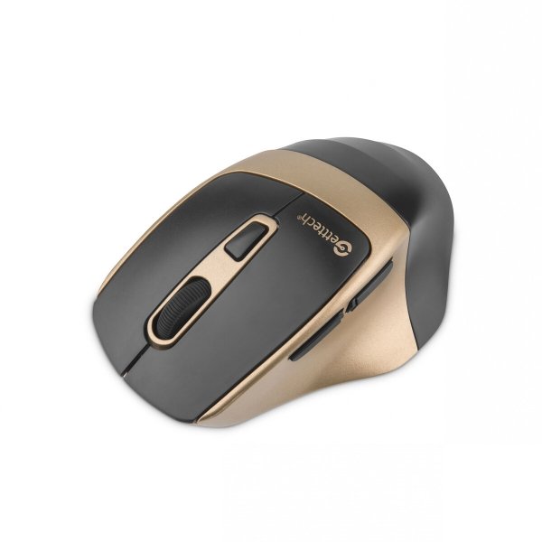 Mouse Getttech Inalambrico Silencioso Ergonomico Negro y Dorado 6 Botones 1600 DPI 2.4G
