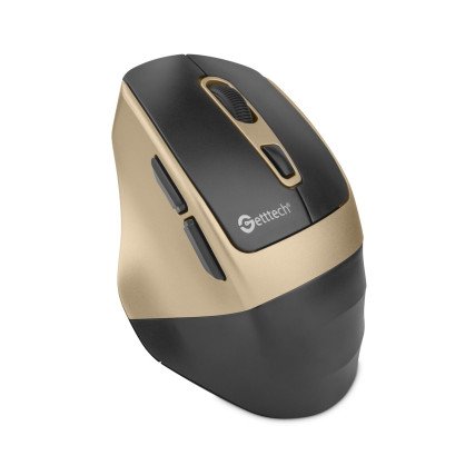 Mouse Getttech Inalambrico Silencioso Ergonomico Negro y Dorado 6 Botones 1600 DPI 2.4G