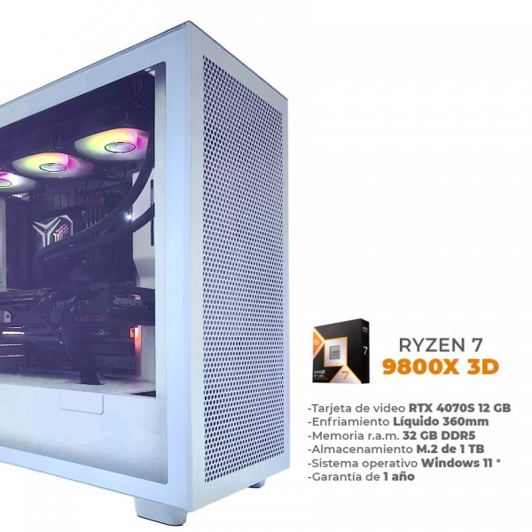 Pulsar - Ryzen 7 9800X 3D, T.Video RTX 4070 Super 12GB GDDR6X, 32GB R.A.M. 6000 MT/S DDR5, Enfriamiento Líquido 360mm, WiFi 6