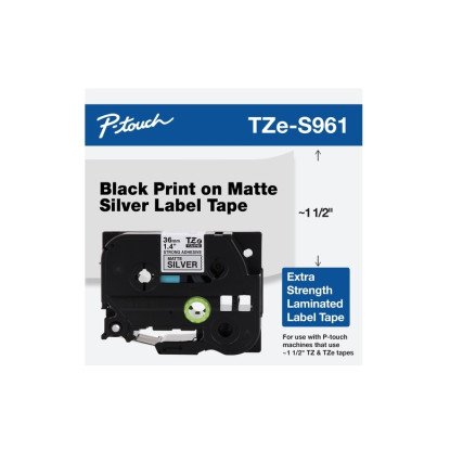 Cinta Brother TZES961 Negro sobre Plata Mate 36MM X 8M TZES961