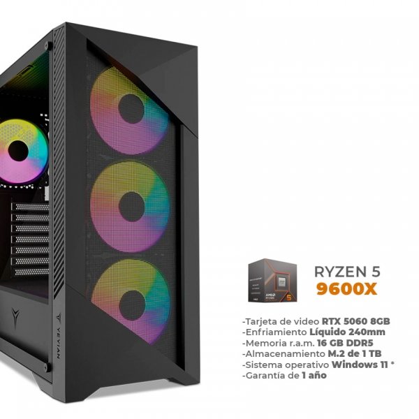 Kimetsu - Ryzen 5 9600X, RTX 5060 8GB GDDR7, 16GB RAM DDR5, 1TB M.2 Nvme, Wifi 6, BT, Enfriamiento Líquido 240mm