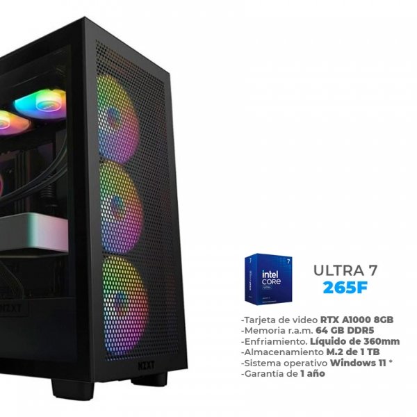 Ten - Core Ultra 7 265F, RTX A1000 8GB, 64GB RAM DDR5, 1TB M.2 NVME, Wifi 6, BT, Enfriamiento Líquido de 360mm