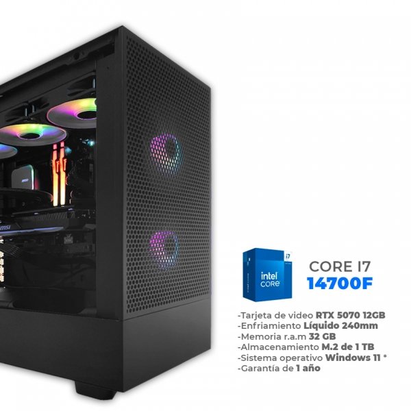 Gen - Core i7 14700F, RTX 5070 12GB Video, 32GB RAM DDR5, 1TB M.2 Nvme, Enfriamiento Líquido 240mm