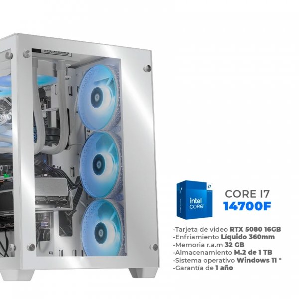 Rookie - Core i7 14700F, RTX 5080 16GB, 32GB RAM DDR5, 1TB M.2 NVME, Wifi 6, BT, Enfriamiento Líquido 360mm