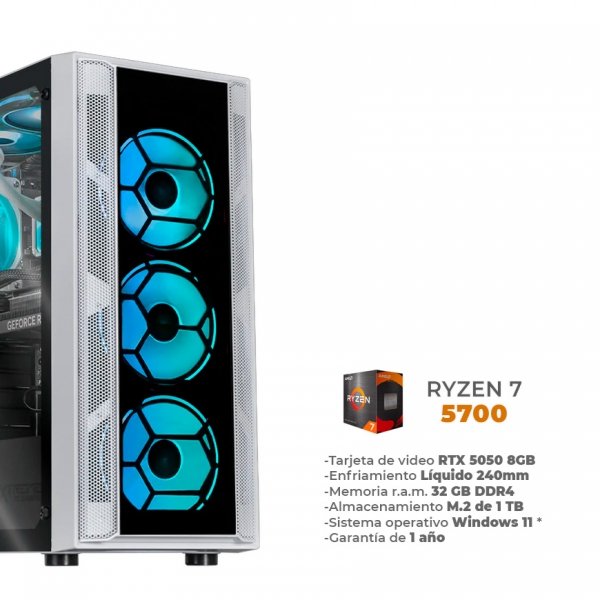Nitro - Ryzen 7 5700, RTX 5050 8GB, 32GB RAM DDR4, 1TB M.2 NVME, Wifi 5, BT, Enfriamiento Líquido 240mm