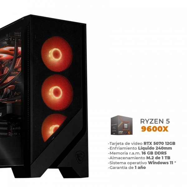 Venti - Ryzen 5 9600X, RTX 5070 12GB, 16GB RAM DDR5, 1TB M.2 NVME, Wifi 6, BT, Enfriamiento Líquido de 240mm