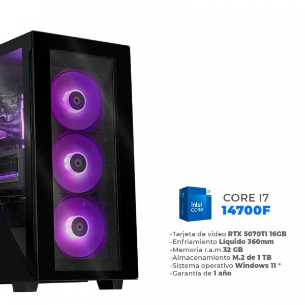PGX - Core i7 14700F, RTX 5070TI 16GB, 32GB RAM DDR5, 1TB M.2 NVME, Wifi 6, BT, Enfriamiento Líquido de 360mm