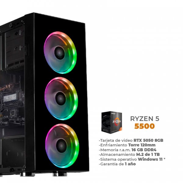 Rel- Ryzen 5 5500, RTX 5050 8GB, 16GB RAM DDR4, 1TB M.2 NVME, Enfriamiento de Aire 120mm