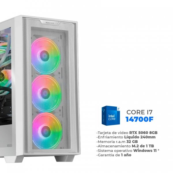 Astra - Core i7 14700F, RTX 5060 8GB Video, 32GB RAM DDR5, 1TB M.2 Nvme, Enfriamiento Líquido 240mm