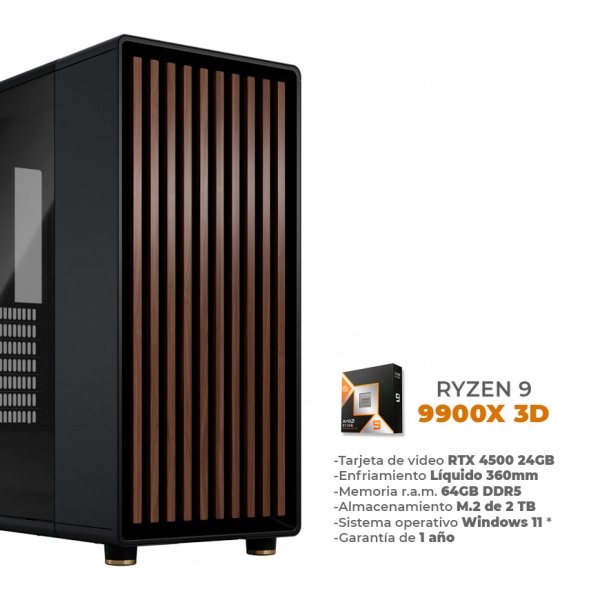 Pyro- Ryzen 9 9900X 3D, RTX 4500 24GB, 64GB RAM DDR5, 2TB M.2 NVME, Wifi 6E, BT, Enfriamiento Líquido de 360mm