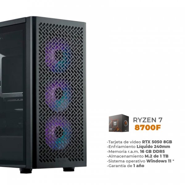 Dev - Ryzen 7 8700F, RTX 5050 8GB, 16GB RAM DDR5, 1TB M.2 NVME, Enfriamiento Líquido de 240mm