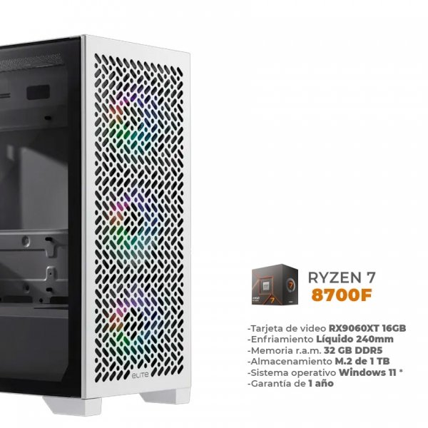 Bhur - Ryzen 7 8700F, RX9060XT 16GB, 32GB RAM DDR5, 1TB M.2 NVME, Enfriamiento Líquido de 240mm