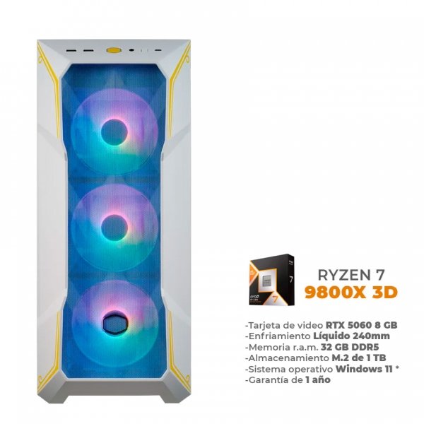 Rage - Ryzen 7 9800X 3D, RTX 5060 8GB, 32GB RAM DDR5, 1TB M.2 NVME, Enfriamiento Líquido de 240mm
