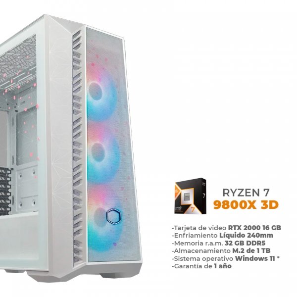 INO - Ryzen 7 9800X 3D, RTX 2000 16GB, 32GB RAM DDR5, 1TB M.2 NVME, Enfriamiento Líquido de 240mm