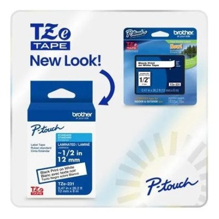 Cinta Brother TZE231G Laminada Estándar Texto Negro Sobre Cinta Blanca