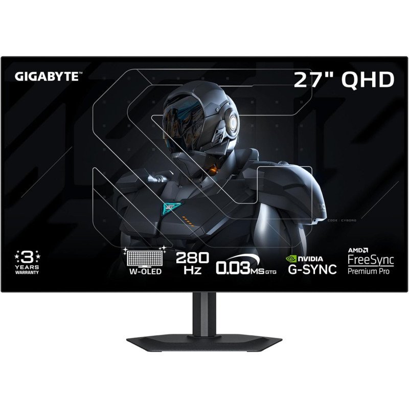 Monitor OLED Gigabyte 27" Gaming, 2560 x 1440 QHD, Plano 280HZ, HDMI, Dislay Port, 0.03MS, Panel WOLED (MO27Q28G)