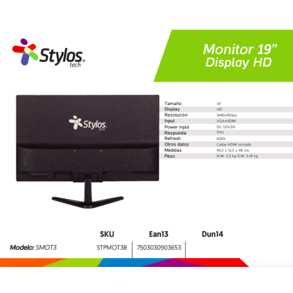 Monitor 19.5" STPMOT3B HD/60 Hz/LCD Stylos