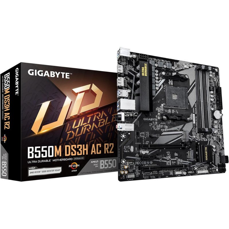 Tarjeta Madre Gigabyte B550M DS3H AC R2.1, Socket AM4, Micro ATX, DDR4, 3200 HDMI DP WiFi BT4.2