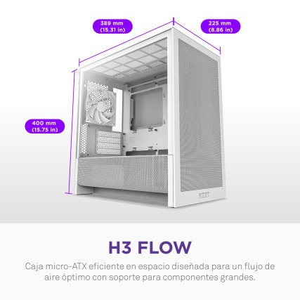 Gabinete NZXT H3 Flow Blanco Mid Tower Micro-ATX/Mini-ITX con 1 Ventilador CC-H31FW-01