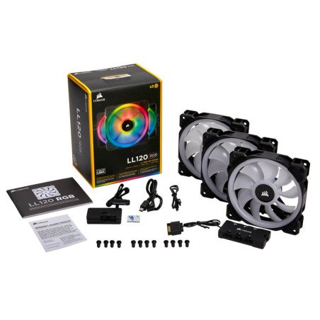 Kit 3 Ventiladores Corsair LL120 RGB 120mm PWM Dual Light con Node Pro para Gabinete PC Gaming Negro