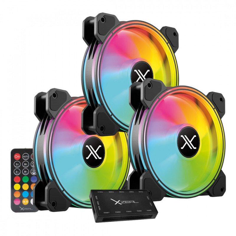 Kit 3 Ventiladores ARGB 120mm Xzeal XZ1100 XZVE100B para Gabinete PC Alto Flujo de Aire Kit 3 Ventiladores ARGB 120mm Xzeal XZ1100 XZVE100B para Gabinete PC Alto Flujo de Aire
