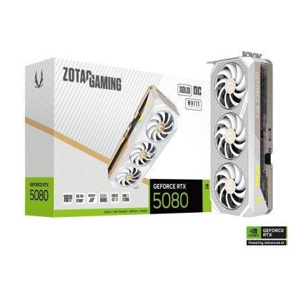 Tarjeta de Video Zotac RTX 5080 Solid OC White Edition 16GB GDDR7 PCIe 5.0 Triple Fan