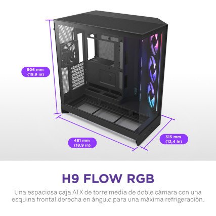 Gabinete NZXT H9 Flow RGB Negro ATX Mid Tower (CM-H92FB-R1) con USB-C, Vidrio Templado y Alto Flujo de Aire