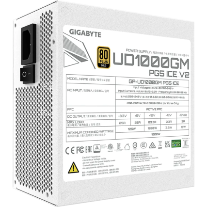 Fuente de Poder Gigabyte UD1000GM PG5 ICE 1000W 80 Plus Gold Full Modular PCIe Gen5 16-Pin ATX 3.0 Blanca