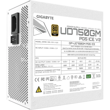Fuente de Poder Gigabyte UD750GM PG5 ICE 750W 80 Plus Gold Full Modular PCIe Gen5 16-Pin ATX 3.0 Blanca