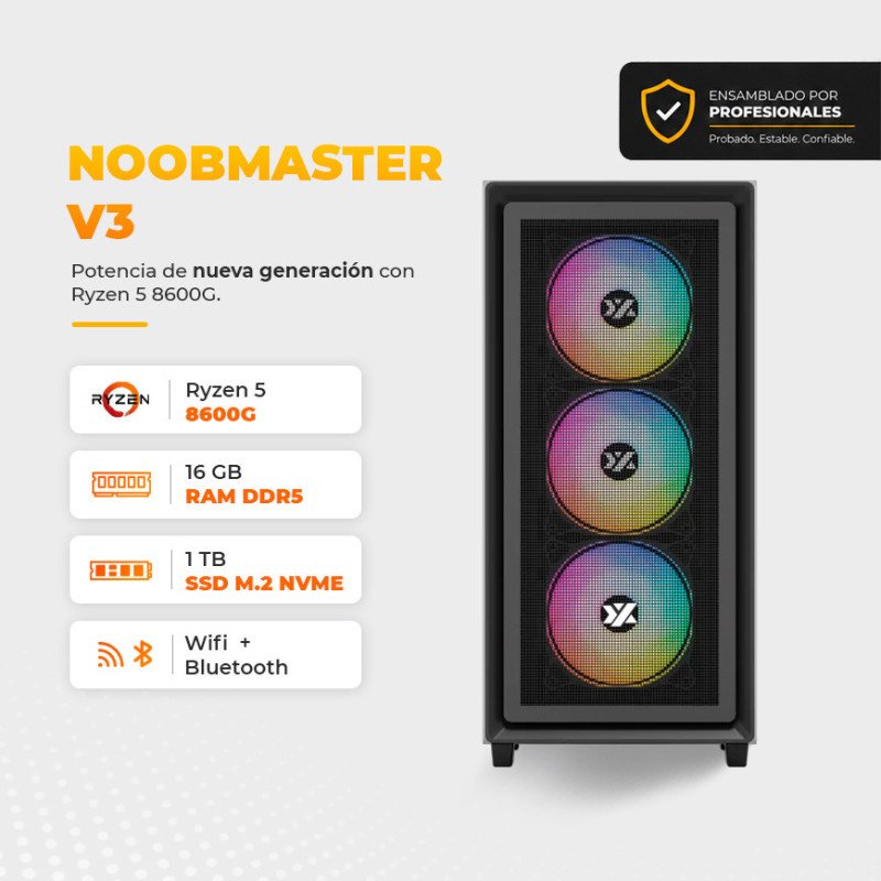 NoobMaster V3 - AMD Ryzen 5 8600G, 16GB DDR5, 1TB M.2, Wifi, Bluetooth NoobMaster V3 - AMD Ryzen 5 8600G, 16GB DDR5, 1TB M.2, Wifi, Bluetooth