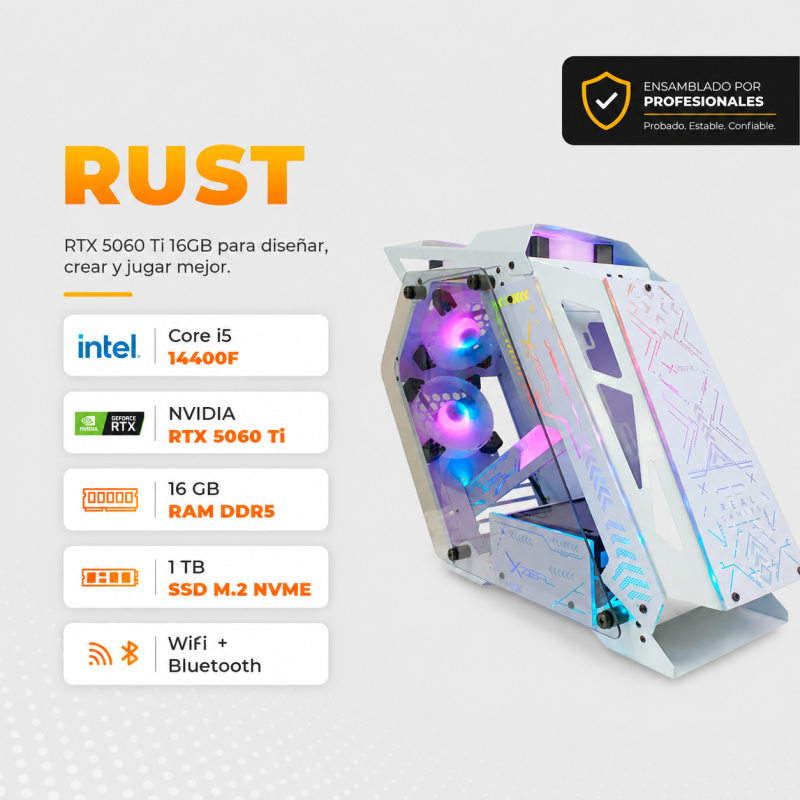 Rust - Core i5 14400F, RTX 5060 Ti 16GB, 16GB RAM DDR5, 1TB M.2 NVME, Disipador de Torre 120mm Rust - Core i5 14400F, RTX 5060 Ti 16GB, 16GB RAM DDR5, 1TB M.2 NVME, Disipador de Torre 120mm