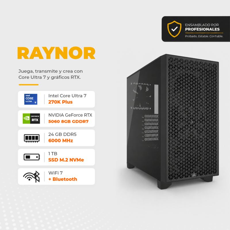 PC Raynor – Core Ultra 7 270K Plus, RTX 5060 8GB, 24GB DDR5, SSD NVMe 1TB, Enfriamiento Líquido 240mm