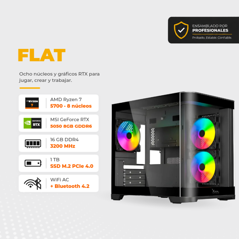 PC Gamer Flat – Ryzen 7 5700, RTX 5050 8GB, 16GB DDR4, SSD NVMe 1TB, Enfriamiento por Aire 120mm