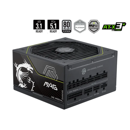 Fuente de Poder MSI MAG A1000PLS PCIe 5 1000W 80 Plus Platinum Full Modular