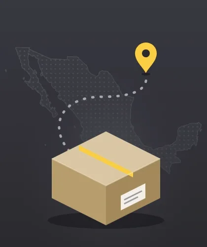 Caja de envío sobre el mapa de México